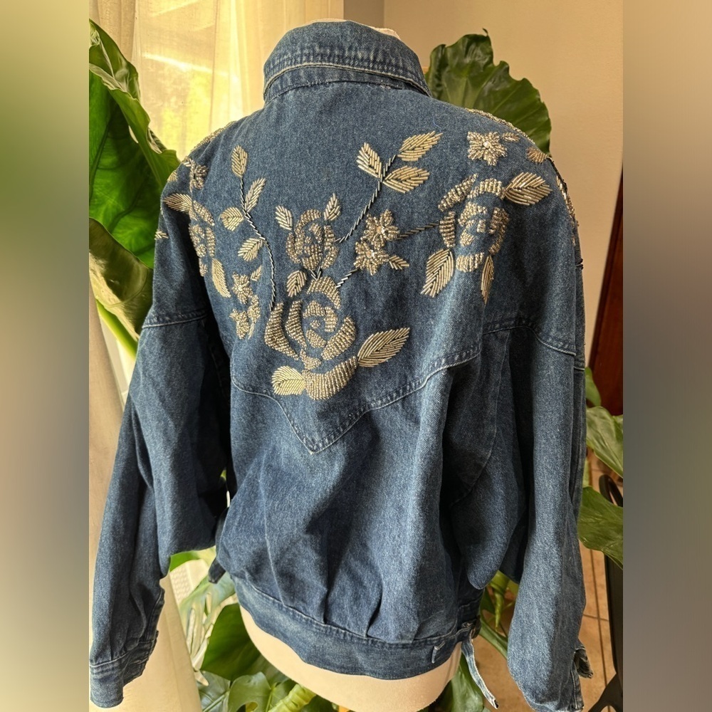 Vintage‎ Hand-Beaded Denim Jacket 100% Cotton Embellished Jean Jacket Small